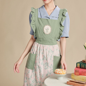 DUOLAI Vintage Floral dos bolsillos uso doméstico hornear algodón Lino <span class=keywords><strong>falda</strong></span> espalda cruzada mujeres delantales Vintage diseño Floral impresión - Product Image 5