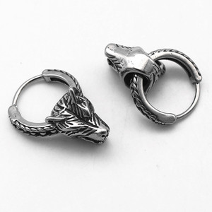 Yunnique Boucles d'oreilles créoles tête de loup en argent tibétain et acier titane, unisexe, motif animal, style rétro européen et américain - Product Image 2