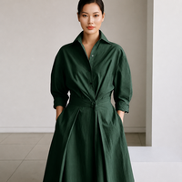 Robe midi pour femme, col chemise, unie, taille nouée, amincissante, manches 3/4, décontractée, élégante, en lin/coton, avec poches