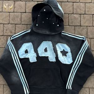 Spray Wash Hoodie Boxy Baggy French Terry 480GSM Cotton <b>Applique</b> Embroidery Double Layer Hood No String Rhinestone Hoodie - Product Image 1