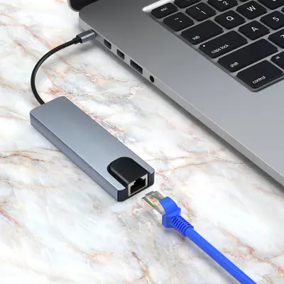 מתאם תואם מפצל 5 ב-1 רב יציאות סוג C תמיכת רכזת USB 3.0 טעינת PD טעינת HDMI RJ45 יציאת Ethernet עגינה מחשב נייד