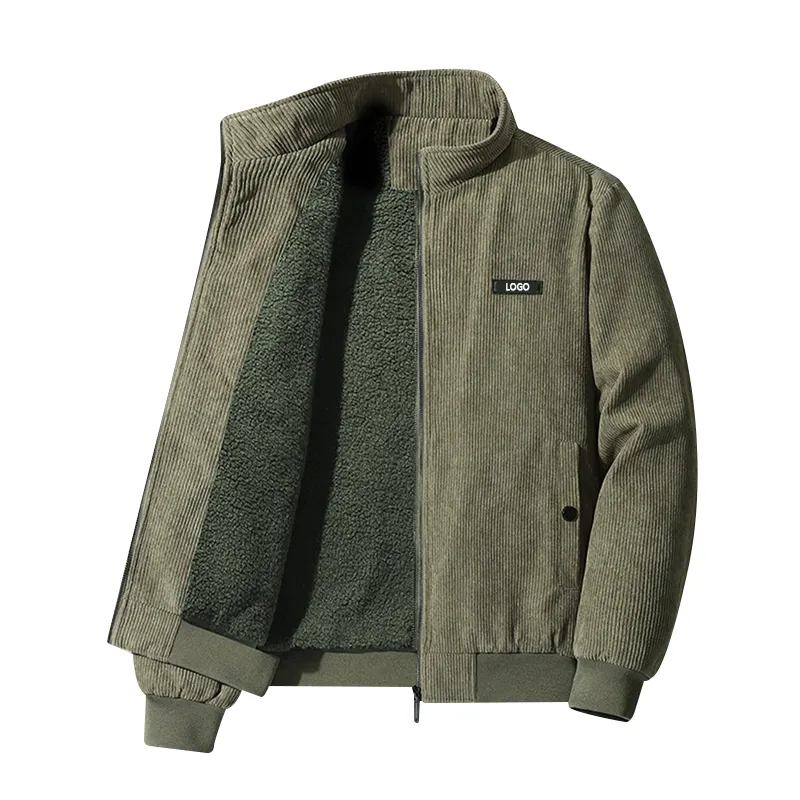 Toptan özel Logo düz renk dış giyim ceket sonbahar rahat ince yamalı detay Teddy astarlı Zip Up erkek bombacı ceket