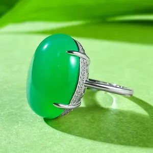 Fijne Sieraden Luxe Groene Chalcedoon Cabochon Gesneden Sterling Zilveren 925 Ringen Voor Vrouwen