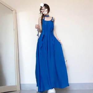 Vestido Maxi Halter Azul Klein con Cintura Imperio y Corte en A, Estilo Francés, para Vacaciones de Verano en la Playa - Product Image 4