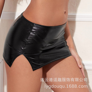 Cross-border trade, alluring lingerie, super <b>elastic</b> mini leather <b>skirt</b> with side slit, wrap-around design, includes thong. - Product Image 5