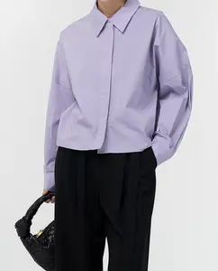 सुरुचिपूर्ण बैंगनी शर्ट अदृश्य बटन लंबी आस्तीन ड्रॉप कंधे महिलाओं के ठोस ब्लाउज कम शर्ट