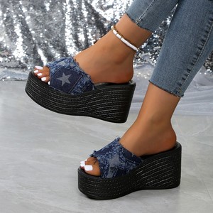 Sandalias de Plataforma para Mujer, Chanclas de Verano, Estilo Denim, Talla Grande, Punta Redonda, con Brillantina - Product Image 3