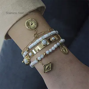 Bracelet en acier inoxydable plaqué or 14k, couche de bohème longue durée, bracelets en perles de pierre naturelle