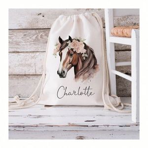 Customizable Kids Horse Design Gym <b>Backpack</b> Personalized Name PE Nursery Summer/Winter/ Spring School Swim <b>Backpack</b> - Product Image 1