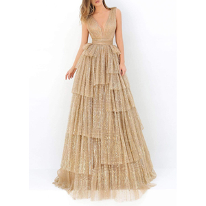 Vestidos de Noche Elegantes de Alta Calidad con Escote en V y Volantes en Línea <span class=keywords><strong>A</strong></span>, Diseño de Vestidos de Fiesta con Capas - Product Image 1