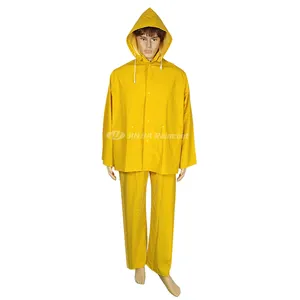 Atacado 2 peça set capa de chuva casaco com capuz destacável e macacão babador pvc poliéster durawear amarelo rainwear