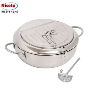 Hot sale 304 stainless steel colanders deep fryer pot with Oil drip & thermometer Cookware tempura fryer pot colanders for Oil