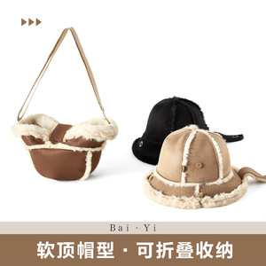 หมวกบักเก็ตบุขนแกะกันลมหนาวสำหรับฤดูใบไม้ร่วงและฤดูหนาว หมวกชาวประมงสีพื้นสำหรับผู้หญิง สีกากี เบจ น้ำตาล ดำ - Product Image 3