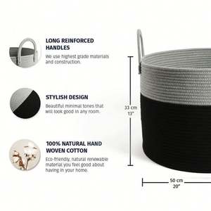 ตะกร้าผ้าห่มสีเทาและสีขาวสำหรับห้องนั่งเล่น ตะกร้าสานขนาดใหญ่สำหรับเก็บของ ตะกร้าเชือกฝ้ายมีหูหิ้ว - Product Image 4
