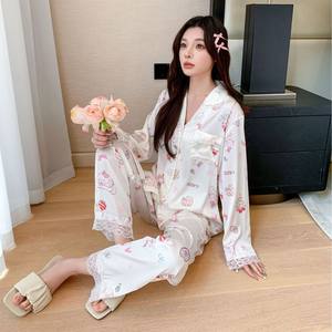 New Cute <b>Lace</b> Trim <b>Elastic</b> Waist Long Sleeve Pajama Set Soft Breathable Cartoon Print Lounge Wear Spring - Product Image 1