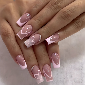 Faux ongles longs réutilisables pré-finis, style French Press, base nude, motif ligne artistique, couleur café au lait, pour usage quotidien et fêtes, vente en gros - Product Image 1