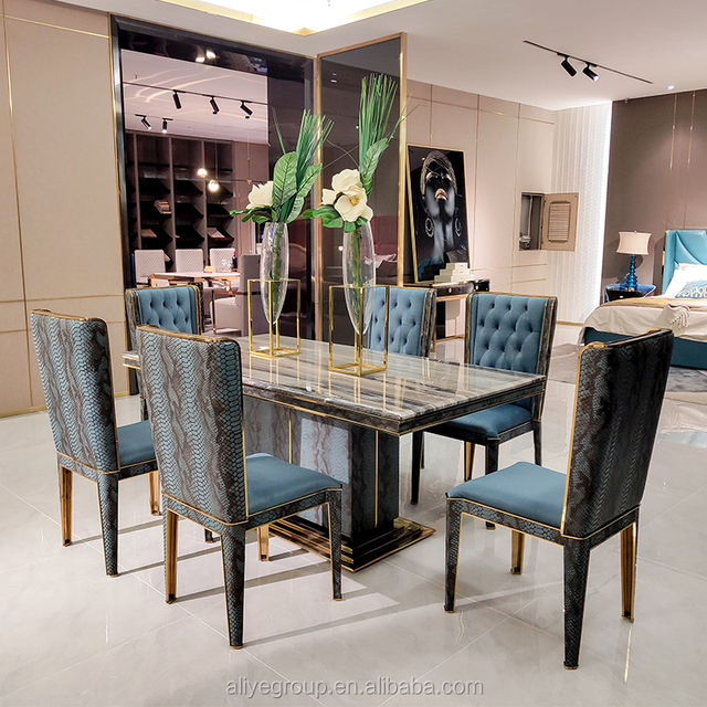 Artificial Style Italian Design Dubai White Grey Rectangle 6 Seater Marble Top Dining Table Sets with Chairs
