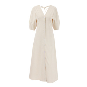 Robe d'été beige décontractée et ample en coton et lin, style européen et américain, avec col en V et empiècements boutonnés pour femme - Product Image 5
