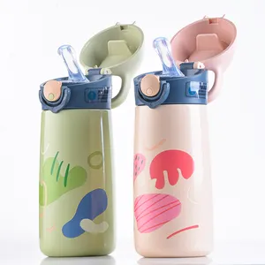 Auhea 450ml 316 botol minum lurus anak-anak, topi gagang botol air terisolasi bebas BPA pola kartun baja tahan karat