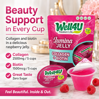 Bonbons gélifiés au collagène à la framboise et à l'hibiscus, enrobés de crème et de fruits sucrés, en sachets individuels pour la vente au détail en supermarché