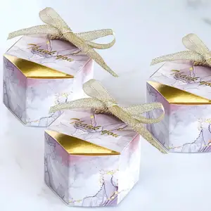 Marble Hexagonal Chocolate Treat Gift Boxes Wedding Party Favor Boxes With Ribbon For Bridal Baby Shower Birthday Decorations