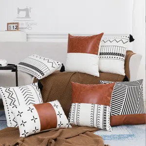 摩洛哥黑白打印18X18靠垫套家居沙发装饰填缝仿皮抱枕坐垫套集