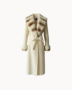 <strong>Full</strong> <strong>Length</strong> Cashmere-wool Blend Coat with Rex Rabbit Fur Collar and Cuffs Dyed Chinchilla Color Brown Cashmere <strong>Cardigan</strong> Women's - Product Image 1