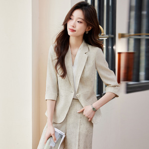 Women's Grey Three Quarter Sleeve Blazer Suit Set With Wide Leg Pants Summer Office Lady Breathable Polyester Fabric - Product Image 2