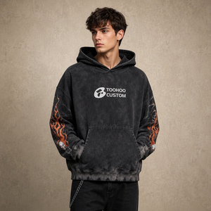 Sweat à capuche oversize noir délavé avec imprimé flamme sur les manches, en molleton de coton épais pour homme - Product Image 5