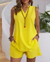 Ensemble 2 pièces été pour femme : gilet et short, nouveau style, grande taille, col en V, couleur unie, tenue décontractée