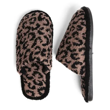 Winter Soft Barefoot Fleece Cozy Leopard Solid Customized Indoor Slippers For Women Men