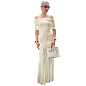 Eleganti abiti Casual Sexy Midi da donna in Mesh increspato con spalle scoperte per <span class=keywords><strong>vacanze</strong></span> primavera estate autunno inverno per eventi serali - Product Image 1