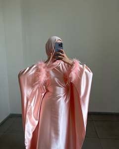 Oem مخصص منخفض موك ريشة صفعة وردي قفطان صلاة رداء للأعياد رمضان إسلامية فاخرة للنساء فستان عبايات دبي للنساء - Product Image 3