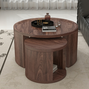 Modern Durable <b>Round</b> <b>Nesting</b> <b>Coffee</b> <b>Table</b> Set of 2 Natural Wood & Walnut MDF for Living Room & Bedroom - Product Image 3