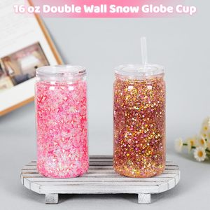 Custom16oz Plastic Snowglobe <strong>Tumbler</strong> Double Wall Pre Drilled Plastic <strong>Mason</strong> <strong>Jar</strong> Cups Can for Snowglobe Glitter DIY Gift - Product Image 2