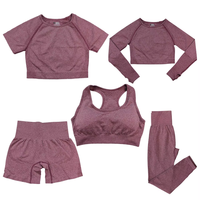 Ensemble de sport OEM 5 pièces Fiess : Leggings taille haute sans couture, short cycliste, brassière de sport et haut court élastique