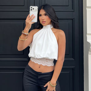 French Street Style Solid Color Elegant Halter Tie Back Lace <b>Patchwork</b> <b>Top</b> Sexy Slim Fit Casual Open Back Sleeveless Vets - Product Image 2