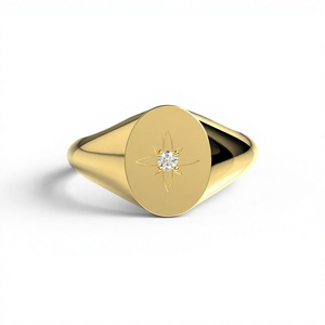 18K Gold Plated Starburst Diamond Signet Ring Oval Flat <b>Top</b> Star Setting Starry <b>Gypsy</b> Band Chunky Pinky Ring Fine Unisex Jewelry - Product Image 1
