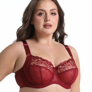BH Mesh Transparan Bordir Dua Warna Burgundy Ukuran Plus dengan Tali yang Dapat Disesuaikan dan Cakupan Penuh untuk Wanita - Product Image 2