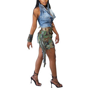 Nuova Gonna Estiva alla Moda con Frange Camouflage, Gonna a Metà Lunghezza con Patch Camouflage - Product Image 1