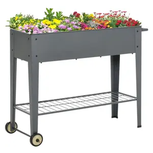 Outdoor Mobile Galvanized Metal Elevated Outdoor Planter Box Raised Garden Bed with Wheels and Bottom Shelf