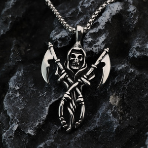 Pendentif squelette Grim Reaper en acier inoxydable, collier pour homme, style hip hop, chaîne de 60 cm, design géométrique, asymétrie, bijoux tendance - Product Image 3
