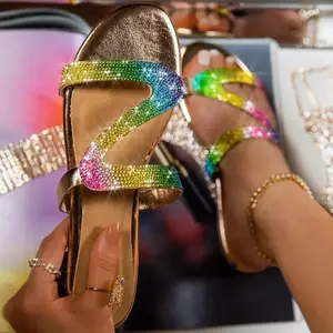 Sandales d'été de luxe pour femmes, pantoufles plates en strass à la mode
