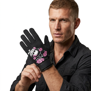 JNA GROUP ถุงมือทำงาน PU สีดำ ลายกุหลาบสีชมพู ดีไซน์รูปหัวกะโหลก สายรัดข้อมือแบบยืดหยุ่น ปลายนิ้วกันลื่น 11 ออนซ์ - Product Image 5