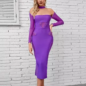 Fashion Women's Purple Formal Party Midi Bandage Dresses Sexy Mesh Stitching Slim Halter Strapless Long Sleeve Cocktail Dress