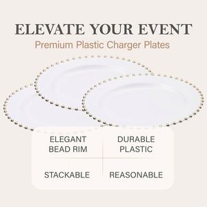 7.5 /10.5 /13 Inch Gold Beaded <b>Plastic</b> Charger Plates Clear White Heavy Duty Round Underplates Bulk for Wedding Table Decoration - Product Image 2