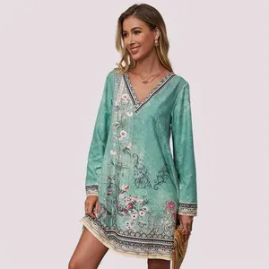 TICOSA women's new ethnic style printing casual V-neck dress fashion long-sleeved A-line casual loose skirt