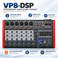 Mixer Audio Profesional 8 Kanal VP8-DSP dengan 6 Input Mic, 99 DSP, EQ 7 Band, Bluetooth, USB, MP3, dan Phantom Power 48V untuk Siaran Langsung