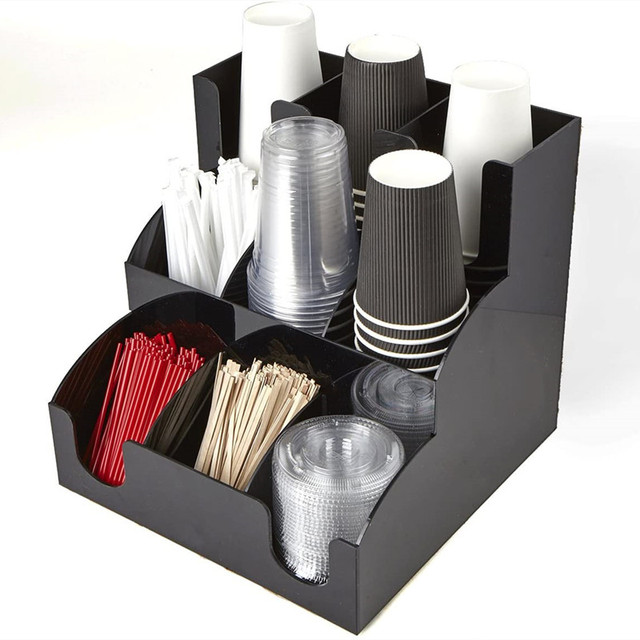 Custom Coffee Shop Bar Black Cup Straws Holder Condiment Station Storage Rack Countertop Organizer Acrylic Coffee Cup Dispenser