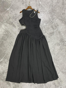 Abito da donna con intarsi di diamanti a vita sottile girocollo bellissimo abito da ragazza con pieghe a pieghe e grandi abiti da donna - Product Image 4